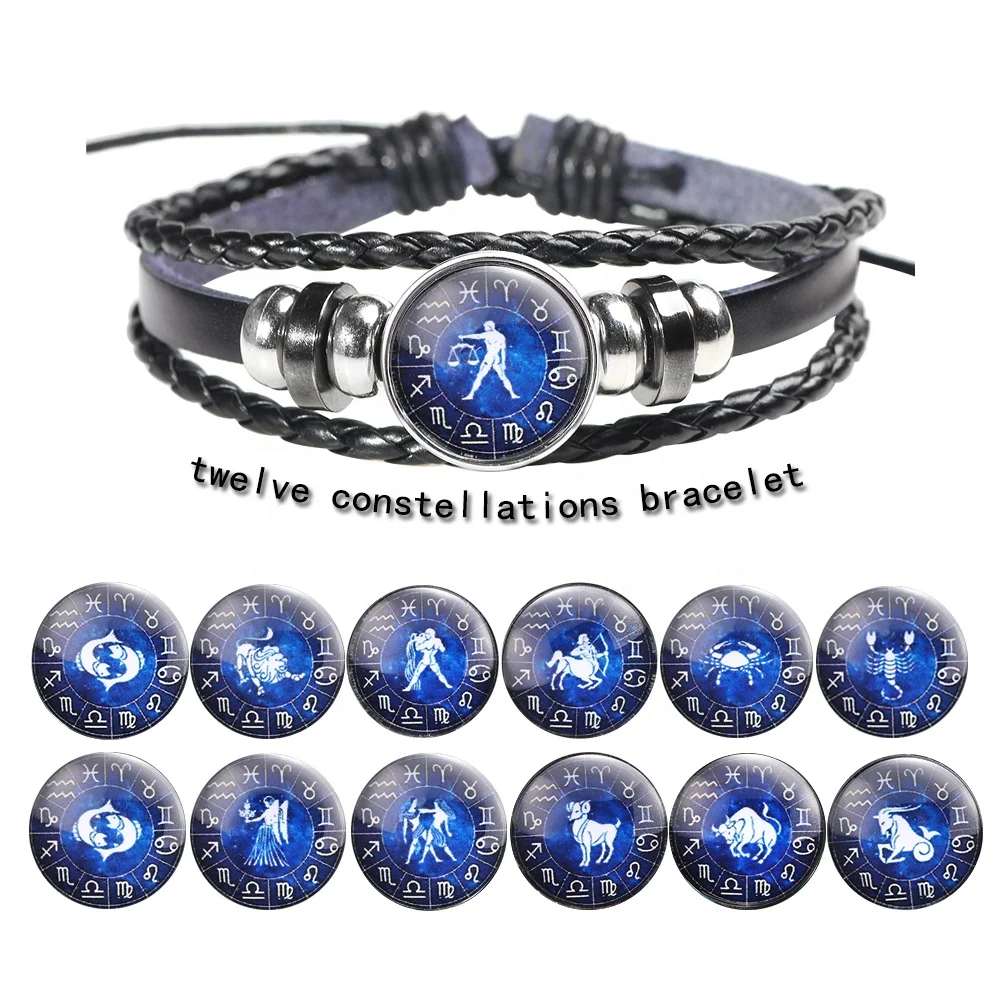 

Multiple Layers 12 Constellations Leather Bracelet, Adjustable Leather Zodiac Bracelet,promotional gift