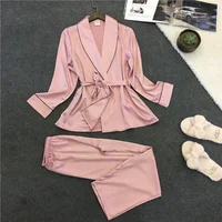 

Spring Autumn Long Sleeves Two-piece Sleepwear Silk Kimono Robe Pajamas Set for Ladies