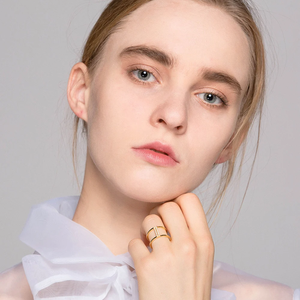 925 silver double band gold finger lady ring with zircon ring