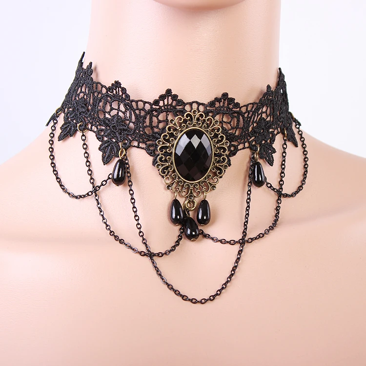 Gothic shipping black Resin diamond Lace Choker women sexy necklace fashion jewelry  for Halloween Wholesale Holiday gifts