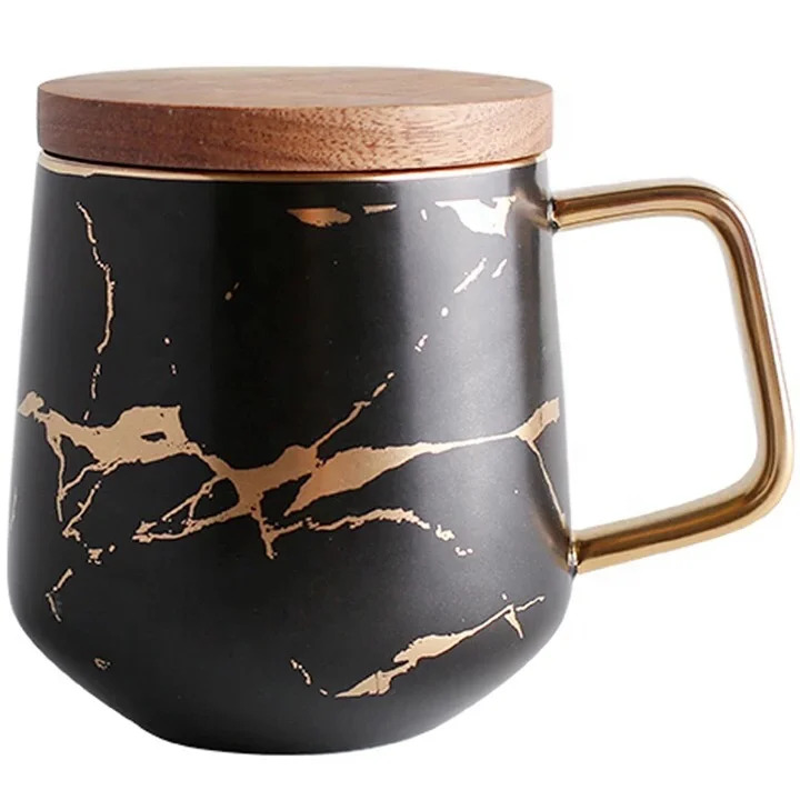 

Noble hot sale western black color marble gold plated ceramic mug with lid, Customized color