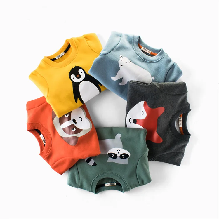 

New Design Cotton Children Boys Sweatshirts Cute Cartoon Animal Kids Hoodies Sweater, Green/blue/yellow/gray/orange