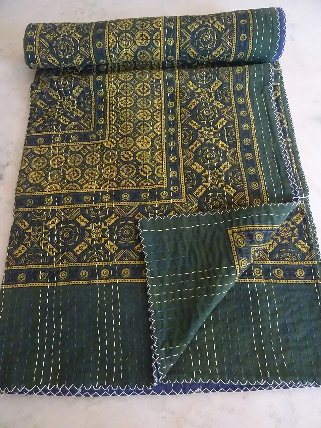 Tribal Asian Textiles Indian Throw Bedding, Applique Kantha Quilt, Cotton Indian Sari Quilted, Reversible Bedcover, Hand Stitches Ajrakh Block Print Quilt, Indian Throw Boho Bedding Gudri Ralli