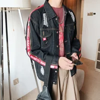 

New arrival autumn coats fashionable black ripped jeans jackets oversize, Turn-down Collar men denim jacket with ribbon