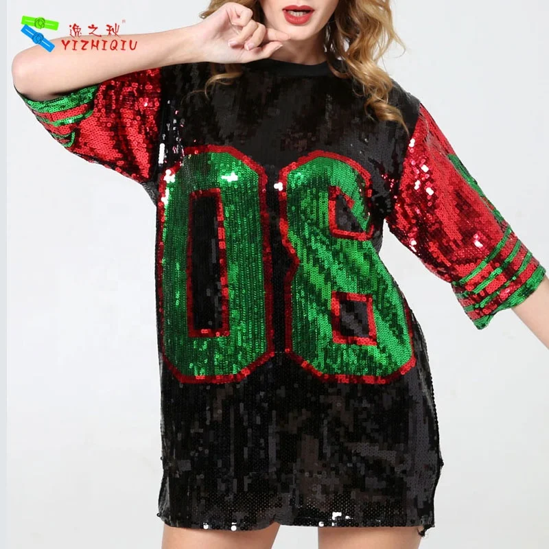 

YIZHIQIU O-neck Short Sleeve Sequined Sexy Women T shirt dress sport jersey with numbers 08