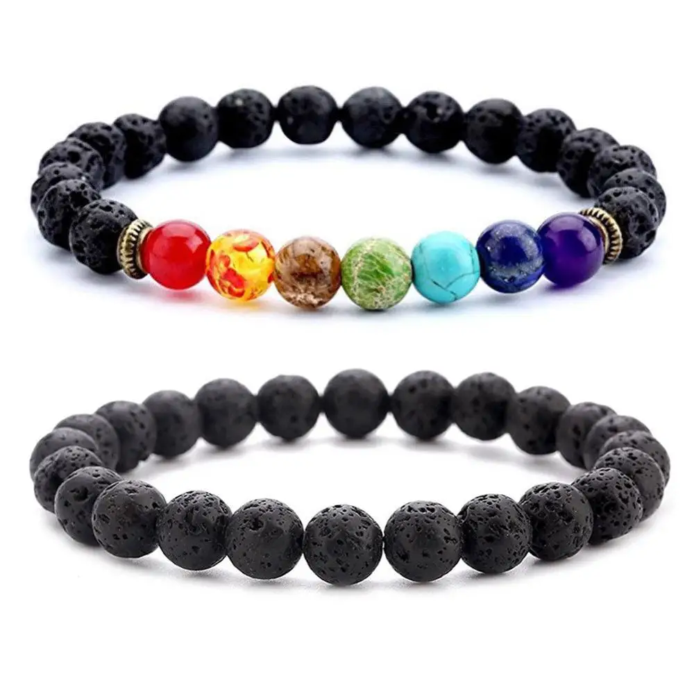 

7 Chakras Healing Lava Stone Bracelet Elastic Yoga Mala Beads Meditation Diffuser Bracelet Men Women