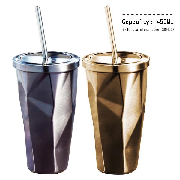 

DS802 450ML/15OZ Eco Friendly Material Diamond Shape Stainless Steel Water Tumbler With Straw, Custom color;like white;gold;black