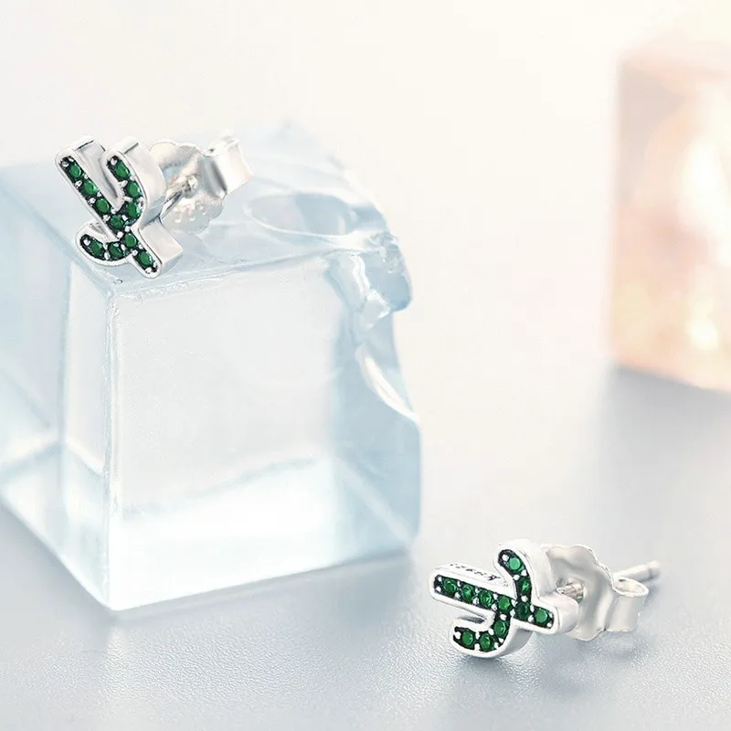 

Shiny Custom Design Jewelry 925 Sterling Silver Green Refreshing Cactus Crystal Earrings