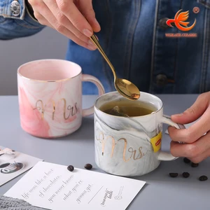 WKTM08 gift box marble style with gold printing Mr&Mrs gold rim 12oz ceramic porcelain coffee cup mug marble