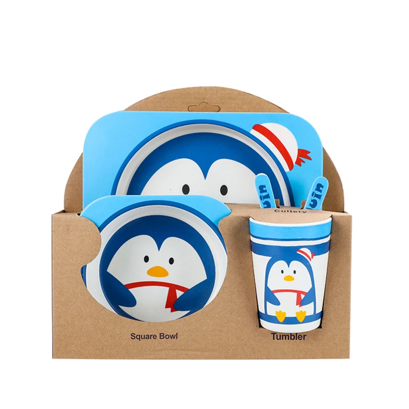 

High Quality Animal Pattern 5PC Custom Logo Degradable Kid Bamboo Fiber Plate Set, Customized color