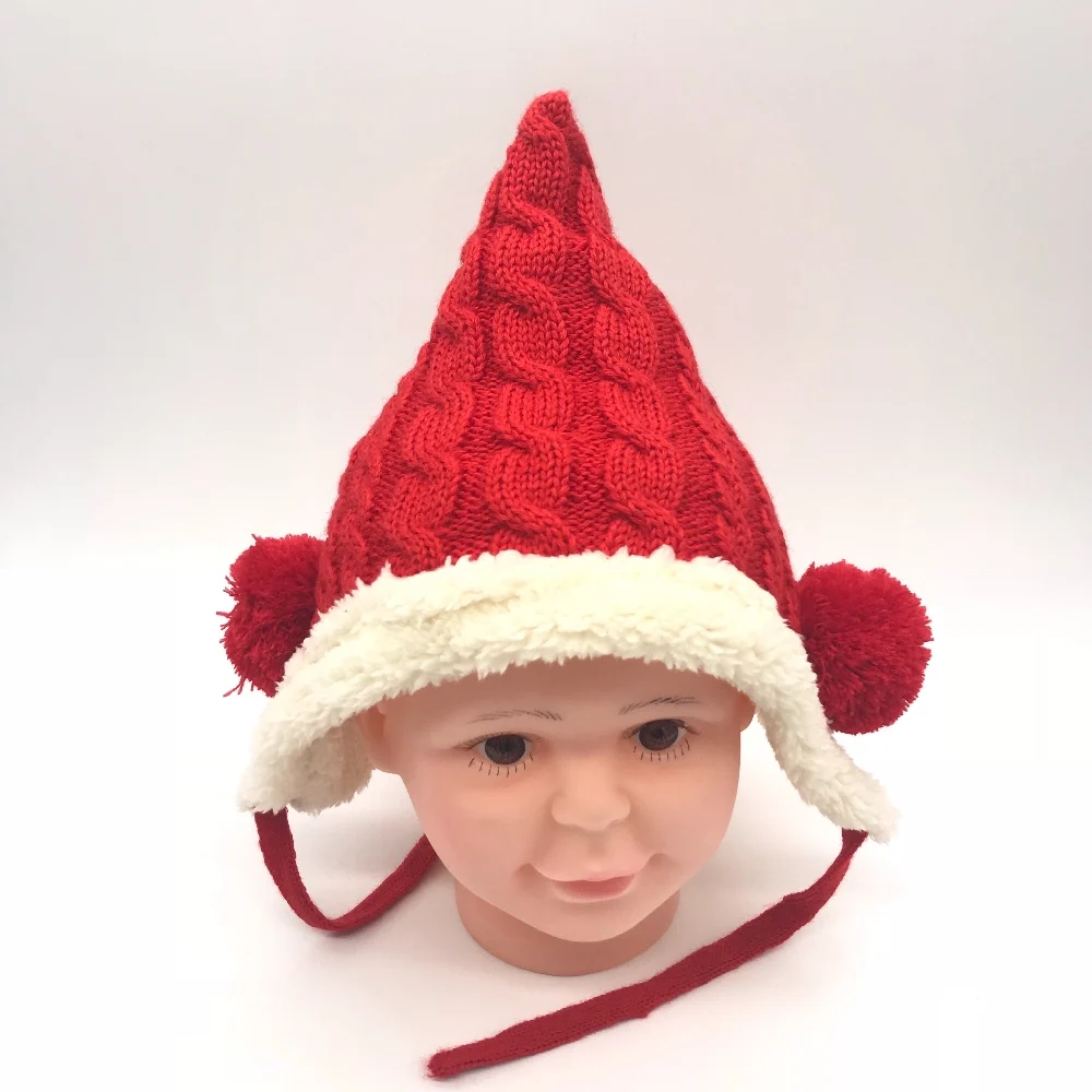 Baby Winter Knitted Earflap Hat With Two Pompoms And Fleece Lining