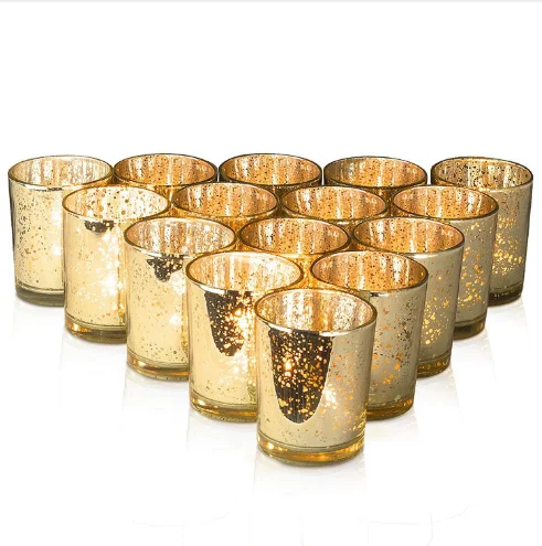 High quality beautiful electroplated gold round candle holder tea light glass candle jar for Christmas