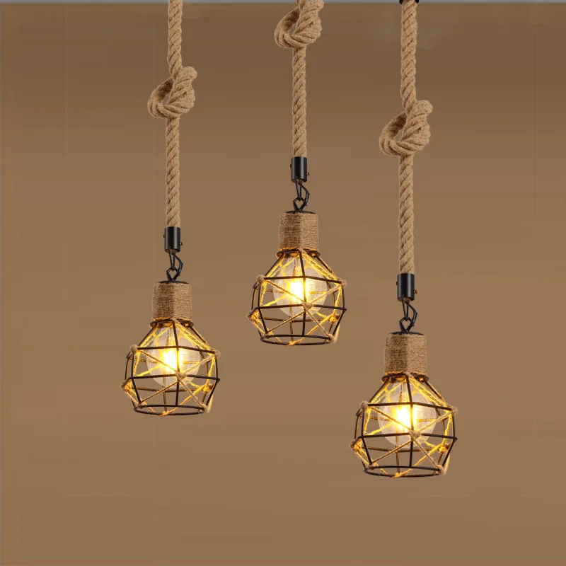 Hot Sell Decorative Vintage Hemp Rope Pendant Light with Cage