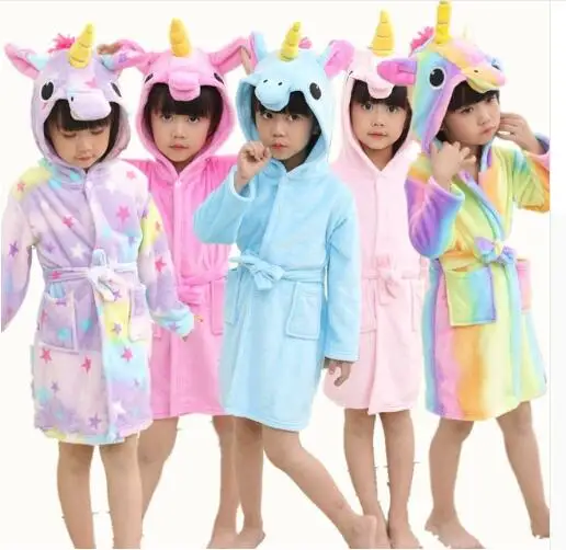 

2018 Unicorn Pajamas  Bathrobes Boys Girls Pajamas Rainbow Hooded Unicornio Children Bath Robe Sleepwear Children Clothing