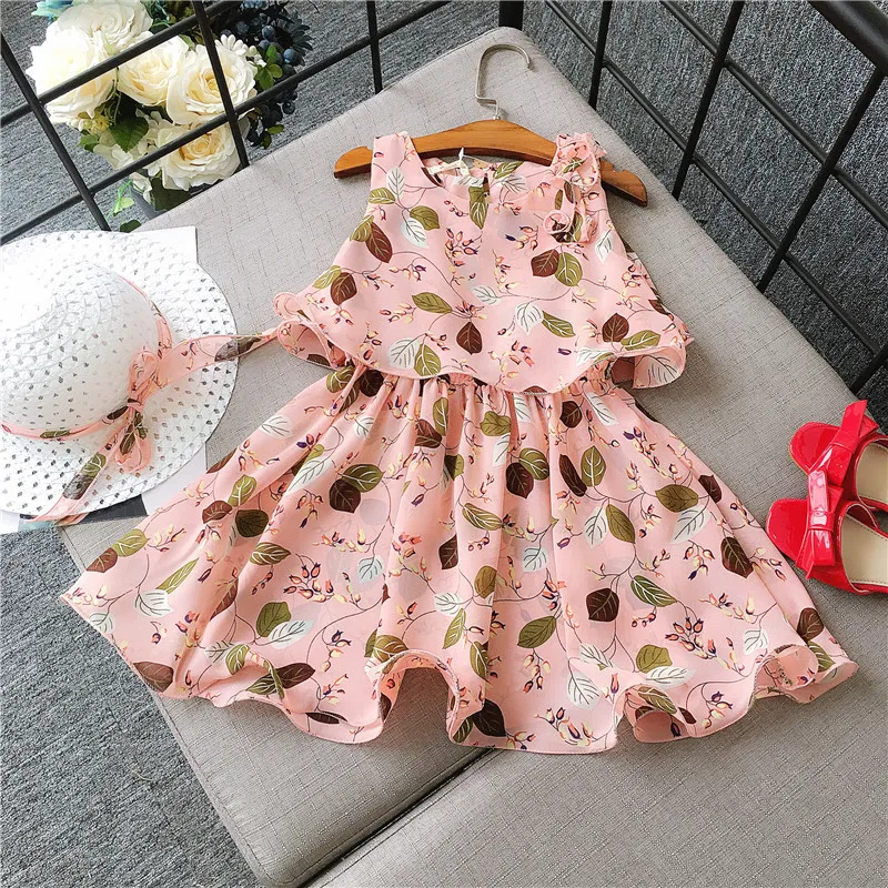 

summer girl chiffon dress 2019 country style korean baby girl elegant leaf print princess summer dress with matching hat, As picture