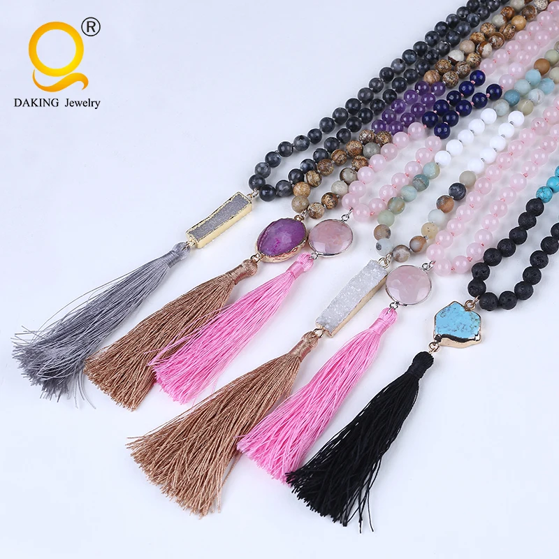 

Bohemian Silk Tassel Necklace Charm Agate Mala Necklace 108 Mala Yoga Meditation Beads, Multicolor