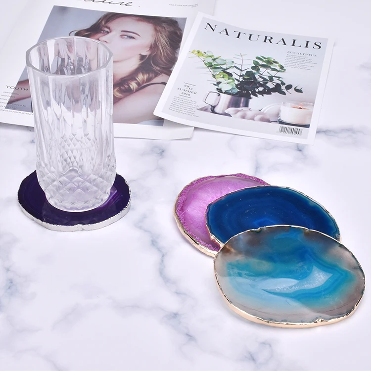 Natural polished crystal stone agate coaster round agate slices with gold rim for Coffee house