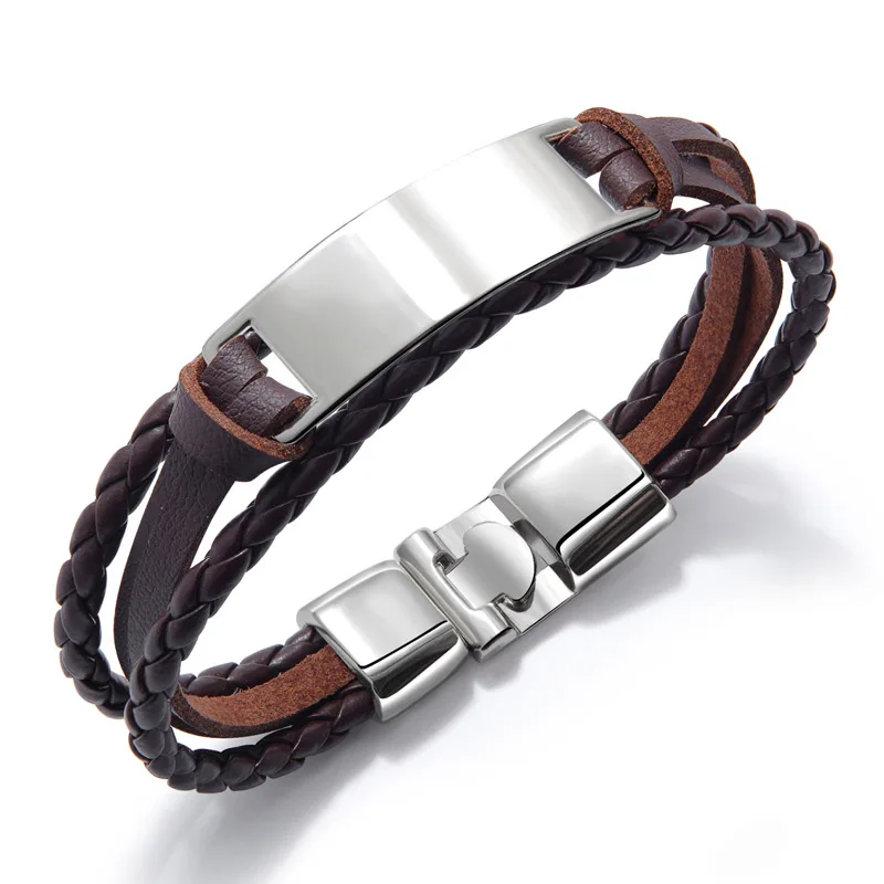

Bulk Custom Engraved Multilayer Leather Bracelet For Men, Black, white, brown, silver