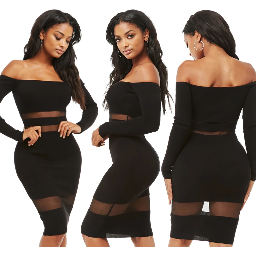 

WNAK8644 women's black strapless long sleeve transparent bandage sexy dress, N/a