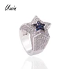 Hiphop Mens Blue Star Sapphire Micro Paved CZ Ring Copper Brass Rock Rapper Ring for Men
