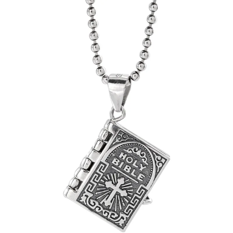 

wholesale retro s925 pure silver jesus jewelry Bible Book sweater necklace