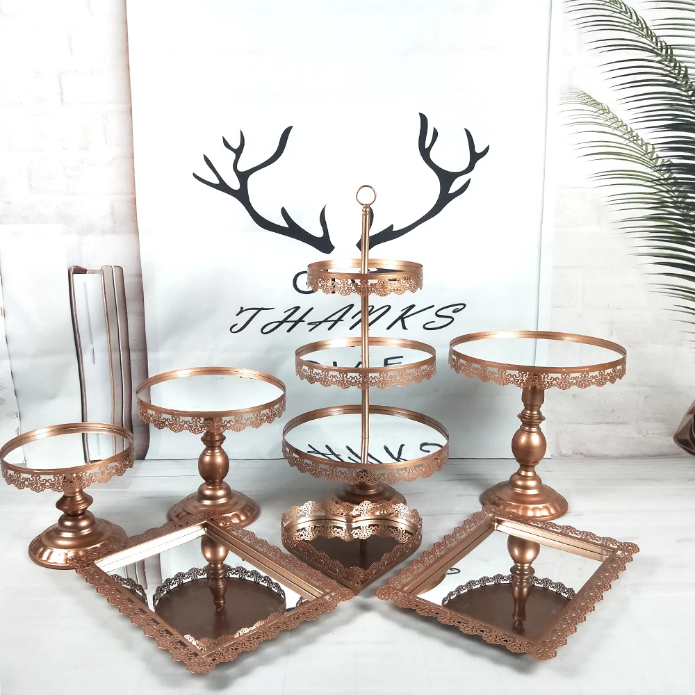 7 Pcs Wedding 3 Tiered Crystal Cupcake Metal Rose gold Plated Party Dessert Mirror Cake Stand