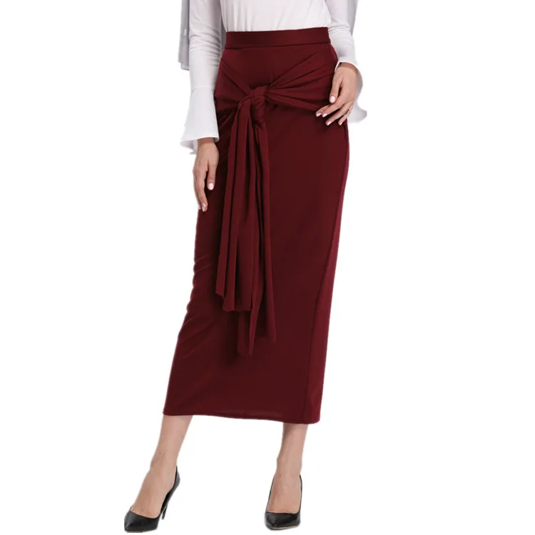 

2019 Most Popular New Spring Fashion Maxi Skirt With Knot Plain Cotton Islamic Long Skirts, Black,wine red,green,beige