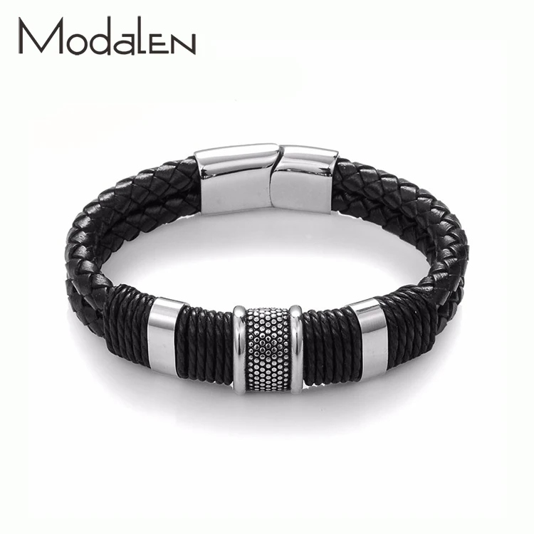 

Modalen mens magnetic clasp closure wrap Stainless Steel Leather Bracelet