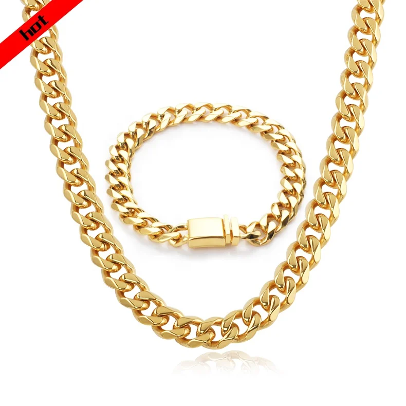 2019 wholesale supplies china stainless steel 18k saudi gold plated filled cuban link chain necklace jewelry sets for men women