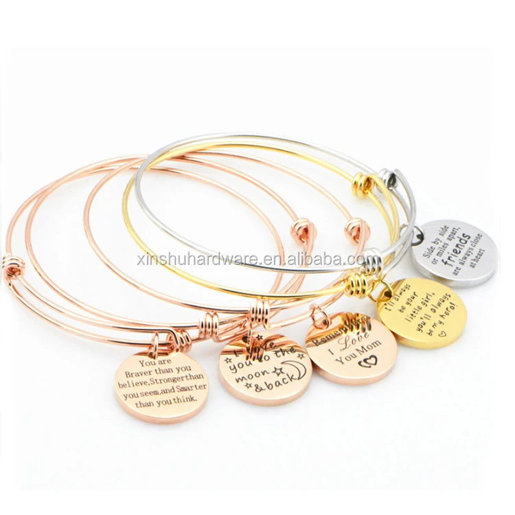 

Custom Logo Adjustable Stainless Steel Wire Thread Charm Bangle Bracelet, Pvd plated