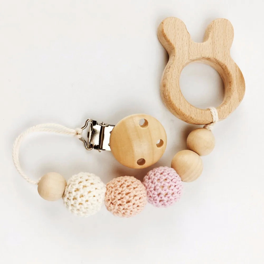 Natural Beech Wooden Dummy Teether Pendant Baby Teether Pacifier Chain