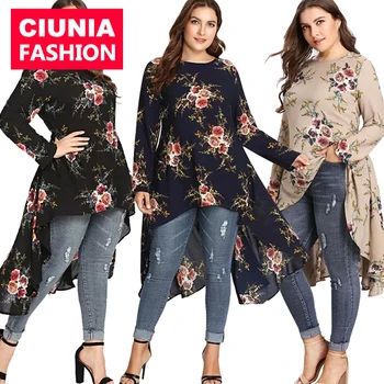 2024 Long Sleeve Tunic Plus Size Ruffle High  Low  Baju  