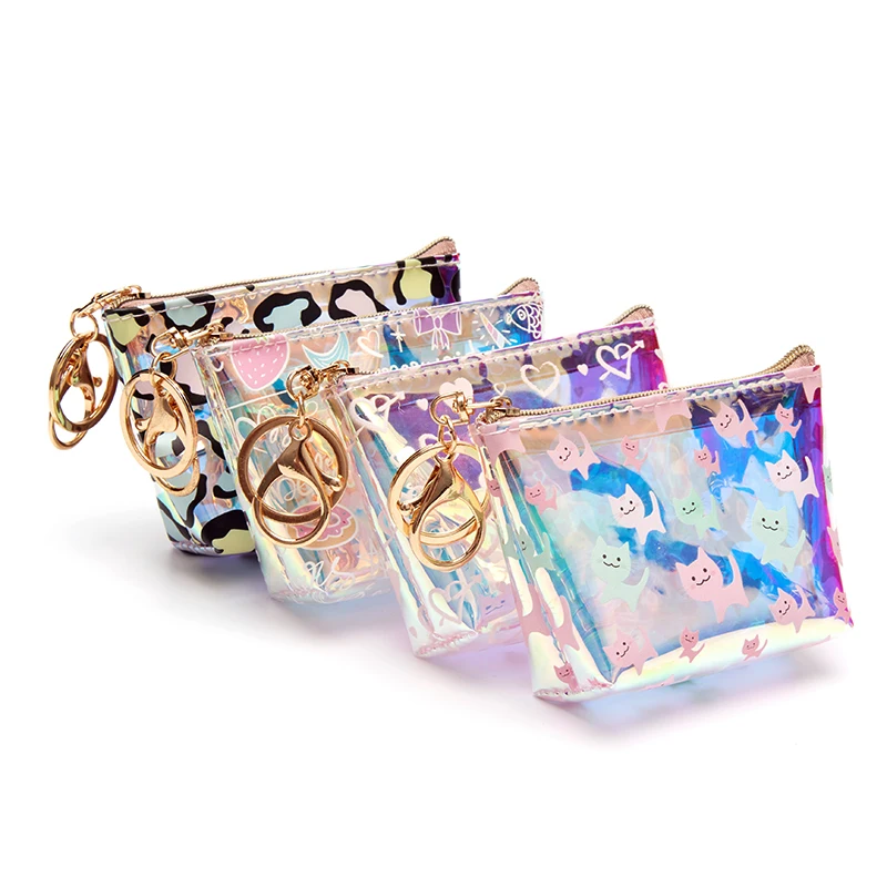 

New Holographic Change Purse with Key Ring Transparent Coin Purse with Zipper Laser TPU Key Coin Wallet, 4 colors