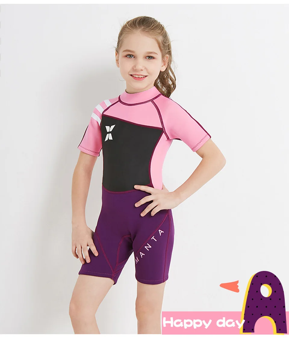 2.5mm Neoprene Kids Wetsuit Surf Dive Short Sleeve Wet Suit Girls One ...