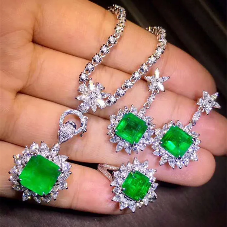 

18k gold South Africa real diamond Colombia natural vividgreen emerald earring necklace pendant ring jewelry set for women