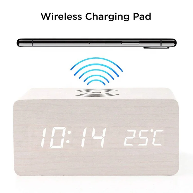 

Wholesale Digital Bulk Alarm Clock with Wireless Charger Desk Clock Wooden