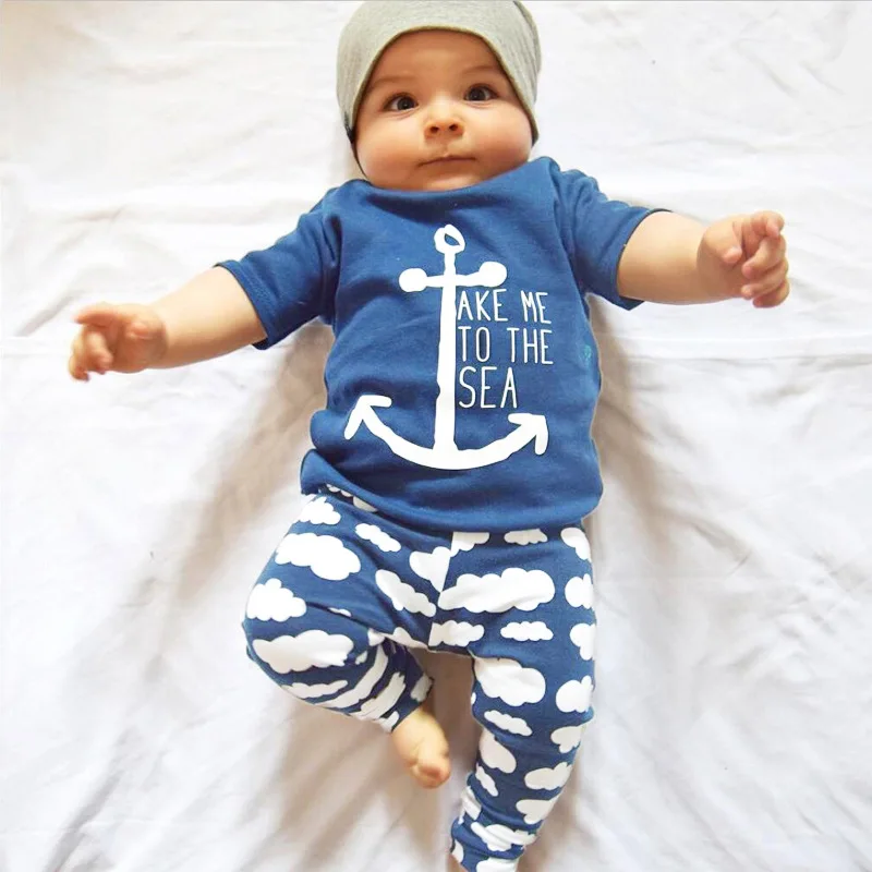 

Navy Summer Baby Boy Anchor Print T-shirt Cloud Harem Pants Leggings 2pcs Cotton Suits, Picture