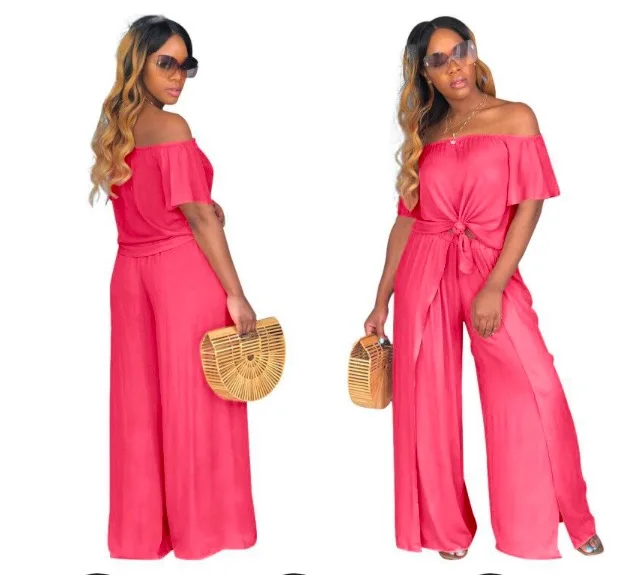 2019 Summer Women Off Shoulder Crop Top Wide Leg Pants Fashion Romper Jumpsuit Two Piece Set