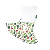 off shoulder ruffle icing top and ruffle bell bottom pants printing flower set Wholesale girl boutique clothing set