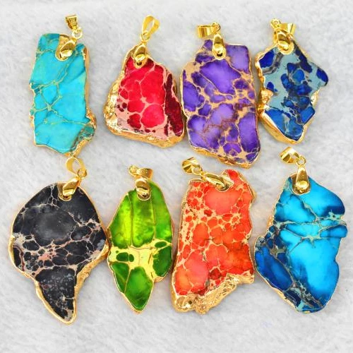 

Wholesale Natural Impression Stone Imperial Jasper Gold Plated Edged Slab Free Pendant, Mutilcolor