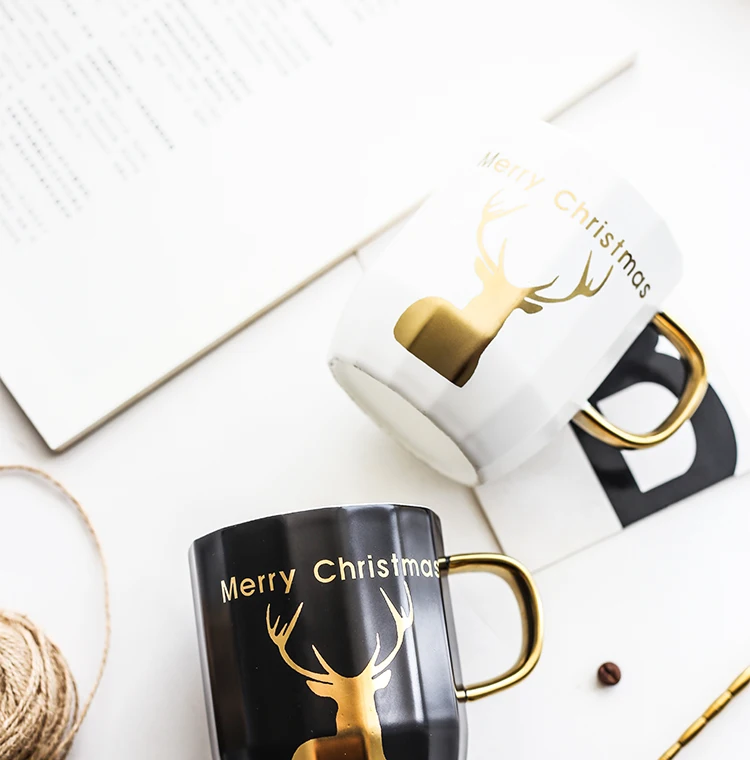 Custom ceramic milk mug 300ml porcelain coffee cup with gold rim gold letter alphabet