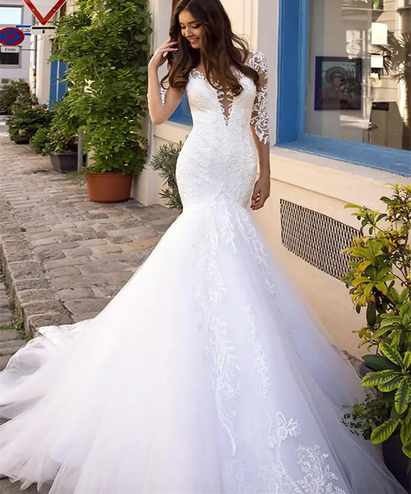 

Mermaid Bridal Gowns Long Sleeve Wedding Dresses 2019 Africa Wedding Gowns Vestido de novia Sexy V-neck Bridal Dresses A273