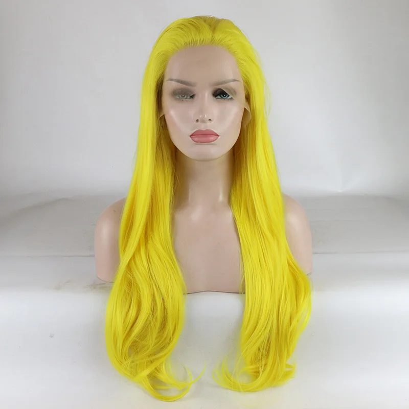 

Fantasy Beauty Lace Front Wig Synthetic Wigs Yellow Long Wavy Half Hand Tied Heat Resistant Fiber Hair Wigs For Women 24Inch, As picture
