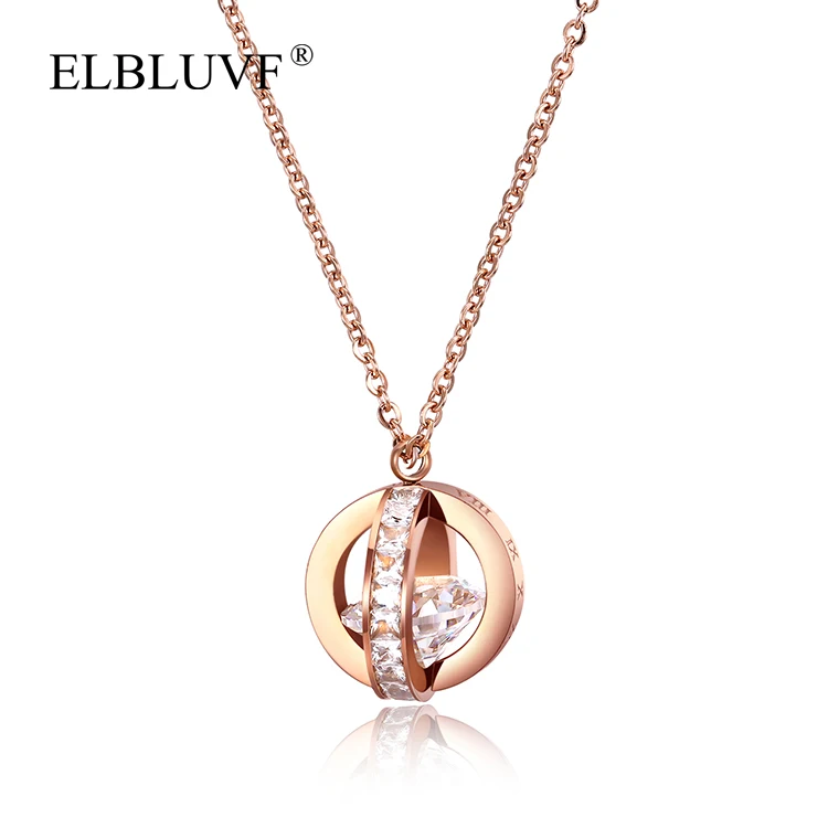 

ELBLUVF Free Shipping Stainless Steel Hollow Circular Rome Numeral Zircon Pendant Necklace, Rose gold