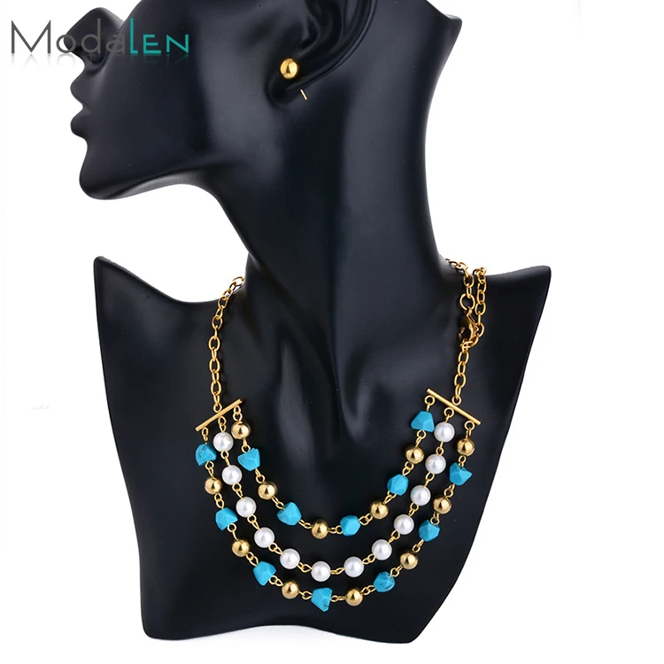 

Modalen Wholesale 3 Layered Pearl Turquoise Bead Necklace And Earring Set Joyeria Stainless Steel Jewelry 2019, Gold