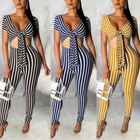 

In Stock 2019 Summer Latest Design 5 Color Striped Print Chest Knot Design One Piece Fashion Jumpsuit Women