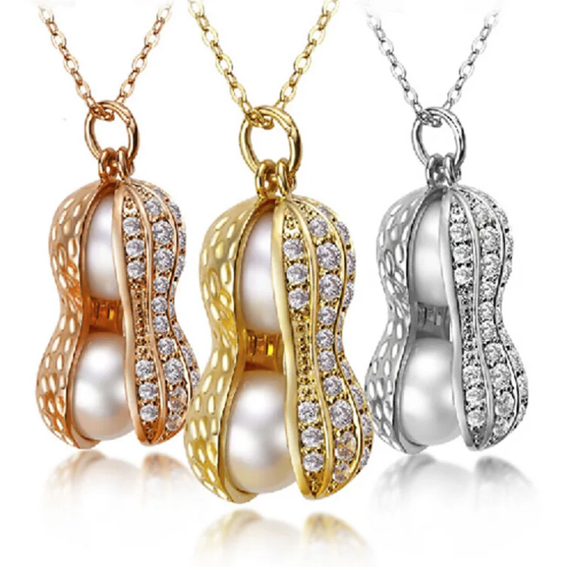 

2017 New Design Wholesale Women Long Peanut Sandwich Pearl Gold necklace, Gold;silver