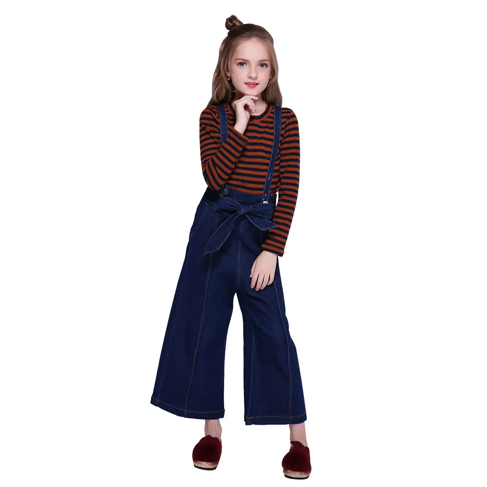 

Kseniya Kids babi girl boutique clothes clothing set brown striped long sleeve shirt blue solid strap big leg pants, Brown+blue