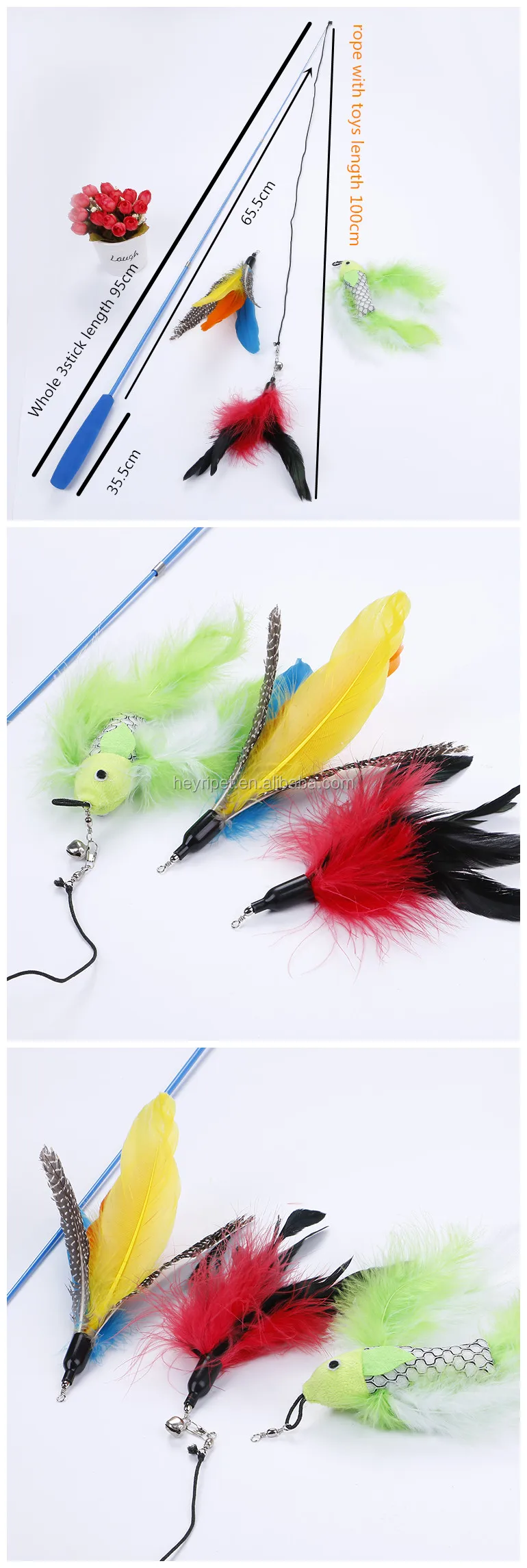 Fishing Cat 3pcs Replaceable Feather Head Wand Teaser Toys Interactive