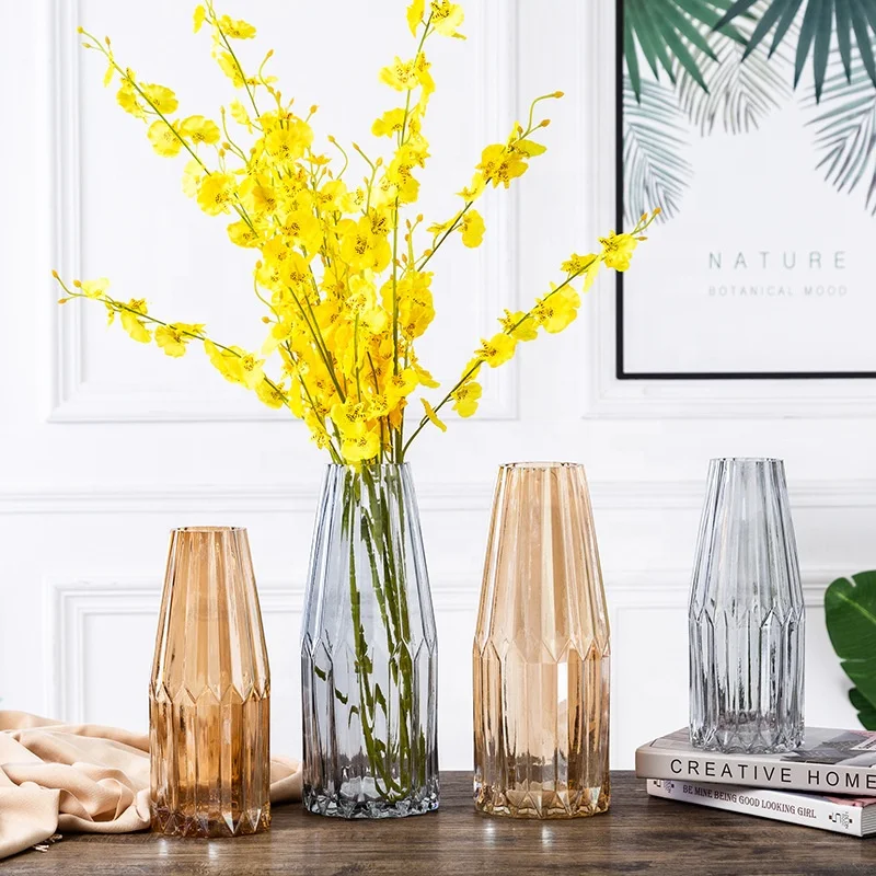 

Centerpiece Geometric Colored Plant Bonsai Ikebana Art Hand Made Mouth Blown Glass Decorative Flower Vase, Gold